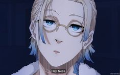 an anime character with blue eyes wearing glasses and a fur collared shirt is staring at the camera