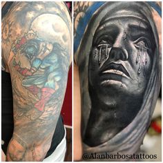 two different pictures of tattoos on the arm and shoulder, one with a man's face