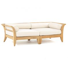 an image of a wooden couch with white cushions on the bottom and back ends,