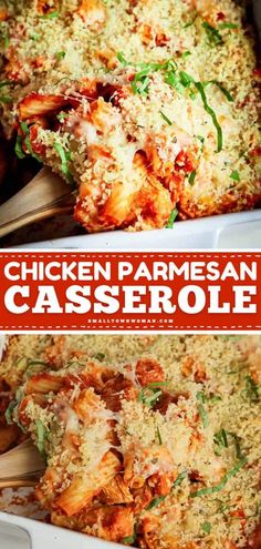 chicken parmesan casserole in a white dish with the title above it