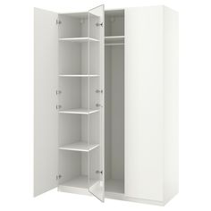 an open white cabinet with shelves on both sides and no doors in the middle, isolated against a white background