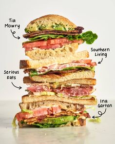 a stack of sandwiches with different parts labeled in the top and bottom half, including meats, lettuce, tomato, cheese, bacon, and more