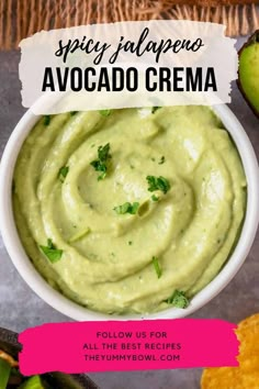 avocado dip in a white bowl with cilantro on the side