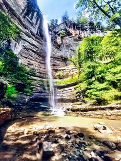 a large waterfall in the middle of a forest