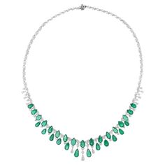 Immerse yourself in the enchanting allure of this Pear Zambian Emerald Gemstone Necklace, adorned with Pear and Round Diamonds, a breathtaking masterpiece of fine jewelry crafted in 18 Karat White Gold. Item Code :- SEN-51197 Gross Wt. :- 29.42 gm 18k White Gold Wt. :- 23.91 gm Natural Diamond Wt. :- 9.30 Ct. ( AVERAGE DIAMOND CLARITY SI1-SI2 & COLOR H-I ) Zambian Emerald Wt. :- 18.26 Ct. Necklace Length :- 16 Inches Long ✦ Sizing ..................... We can adjust most items to fit your sizing Luxury White Gold Gemstone Necklace, Luxury Exquisite Oval Emerald Necklace, Luxury Diamond White Emerald Necklace, Luxury Pear-shaped Emerald Gemstone Necklace, Luxury Teardrop Emerald Necklace With 17 Jewels, Briolette Emerald Necklace For Formal Occasions, Formal Emerald Briolette Necklace, Formal Briolette Emerald Necklace, Luxury Pear-shaped Gemstone Necklace