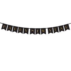 a black happy new year banner hanging from a string