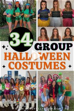 halloween costumes for girls with the words 34 group halloween costumes on top and below them