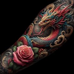 a tattoo with a dragon and rose on the side of its arm, in black background