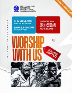 the flyer for worship with us is shown in red, blue and orange colors on a white background