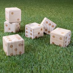 four wooden dices sitting in the grass on top of some green grass with brown dots