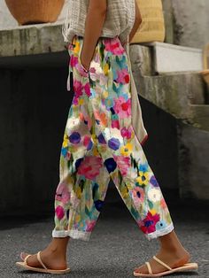 Floral Print Casual Pants Colorful Sweatpants, Casual Linen Pants, Sweatpants With Pockets, Printed Sweatpants, Womens Dress Suits, Linen Casual, Estilo Chic, Andalusia, Type Of Pants