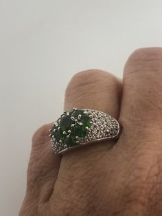 Rich and very bright green chrome diopside ring Sterling silver with rhodium finish Size 6 can be sized by my jeweler. His service charge is $10-$20 All rings are shipped in a nice gift box. Check out our over a THOUSAND great reviews Engraving is $4 per letter and is not always perfect depending on the piece. It can take a few days if the jeweler is busy. This is payable to Paypal Judithsltd@gmail.com Silver Tsavorite Ring In Fine Jewelry Style, Green Sterling Silver Rings With Prong Setting, Green Emerald Ring Stamped 925 For Promise, Chrome Diopside Ring, Green Chrome, Knot Ring, Multi Stone Ring, Sterling Ring, Vintage Rings