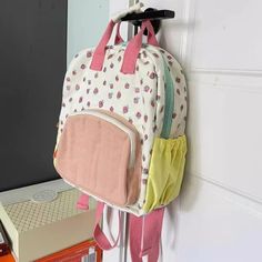 UAKISS - Casual Kawaii Strawberry Print Schoolbags Girls Fashion Cute Contrast Color Women Bags Japanese All Match Backpacks for Students Size:22*8*27CM "Size mearsured by ourselves, sometimes has some errors, but always within 3cm." Cute Bags For Daily Use And Back To School, Kawaii Beige Bags For Students, Kawaii Beige Bag For Students, Cute Beige Rectangular Backpack, Kawaii Softback Bags For Everyday Use, Cute Large Capacity Beige Backpack, Cute Back To School Shoulder Bag Softback, Cute Beige Bags For Students, Cute Softback Shoulder Bag For School