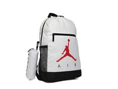 Jordan Kids Air School Backpack (Big Kids) - Backpack Bags : White : From school to your next adventure, The Jordan Backpack is great for on the go. Its got minimalist style plus a zippered pencil case for organizing your essentials. The main zippered area has plenty of space and a sleeve to store a laptop up to 15. 1 side bottle pouch and 1 front pocket help you stay organized. Padding on the back. Padded, adjustable shoulder straps. 18 H x 12 W x 5 D. 100% polyester Hand wash Imported Measurem Back To School Backpack Pencil Case For Travel, Back-to-school Backpack Pencil Case For Travel, Casual Pencil Case For Back To School, Travel Bags With Pen Slots For Back To School, White Backpack With Zipper For Outdoor Activities, Functional Pencil Case For Back To School, Casual Pencil Case For Everyday Use, Functional Student Pencil Case For Back To School, Functional Back To School Pencil Case