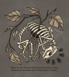 This goblincore art shows a drawn animal skeleton with a plant growing out of it‘s ribcage. The artwork has a dark aesthetic and allures to the mystique of the occult, the enchantment of misty forests and the vulture culture community. It skilfully  weaves these elements into a captivating composition. For collectors of animal bones, these discovered relics hold a special place, quietly celebrating the natural cycle of life, death and decay. Under the illustration is a melancholic Nature Poem. Culture Aesthetic Art, Dark Naturalism Aesthetic, Bone Drawing, Animal Skeleton, Culture Aesthetic, Nature Poem, Goblincore Aesthetic, Bone Tattoos