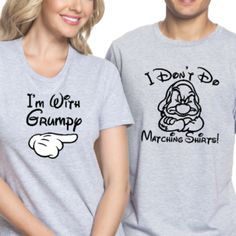 Disney matching family shirts / I don’t do matching shirts/ I’m with Grumpy couple T-shirts/ Disney vacation matching couple shirts featuring 2 different designs. One design is Grumpy with I don’t do matching shirts quote. The other design is I’m with Grumpy and a pointing mouse hand. Disney Couple Tshirts, Family Matching Disney Shirts, Disney World Couple Outfits, His And Hers Disney Shirts, Disney Trip Shirts Family, Disneyworld 2024, Disney Shirts Matching, Couples Disney Shirts, Disney Family Outfits