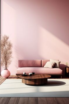 a living room with pink walls and wooden furniture in the center, along with white rugs