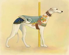 a drawing of a white dog wearing a blue sweater and standing on a yellow pole