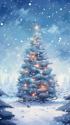 a painting of a snowy christmas tree with lights on it's branches in the snow