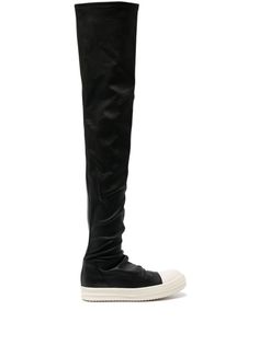 black/white calf leather ruched detailing 66cm knee-high rubber toecap round toe flat rubber sole Rick Owens Long Boots, Rick Owens Stocking Boots, Rick Owen Boots, Long Boots Outfit, Knee High Sneakers, Rick Owens Boots, Rick Owens Shoes, Black Stocking, Bota Over