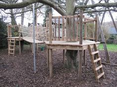 a wooden play set in the woods next to a tree with ladders on it