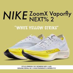 Zoomx Vaporfly Next% 2 “White Strike Yellow” | Carbon W5 Dm9056-100 | Nwt No Lid “Let These Carbon Fiber Plated Super Shoes Take You To Your Next Racing Pr!” Authentication Details * Serial No. 01x0a27e60n9w/01j1nr0bs1f7z * See Photo Of Genuine Serial Number Tags * New No Lid Box Product Details - Size: Women’s 5 (Us) / 2.5 (Uk) / 35.5 (Eu) / 220 (Jp) - Condition: New Unworn, No Lid Box, Excellent Condition - Color: White / Yellow / Psychic Blue - Style: Dm9056-100 Yellow Low-top Athleisure Running Shoes, Breathable Yellow Synthetic Running Shoes, Neon Yellow Low-top Running Shoes, Yellow Low-top Running Shoes For Marathon, Yellow Lace-up Trail Running Shoes With Vibram Sole, Number Tags, Blue Style, White Nikes, Blue Fashion