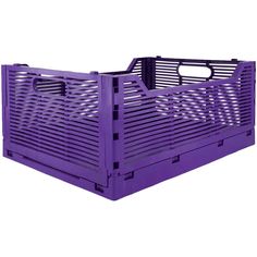 a purple plastic crate sitting on top of a white surface