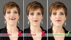 four different pictures of a woman with short hair