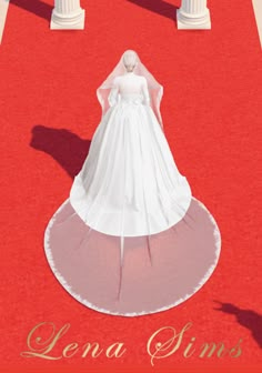 a woman in a white wedding dress standing on a red carpet with columns behind her