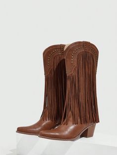 Styleloop Women's Shoes Fringe And Stud Detail Pointed Toe Chunky Heel Fashion Brown Western Boots Vacation Shoes Summer Sale, Cowboy Boots For Women Country Style Fall Festival Boots, Bohemian Boots For Rodeo In Fall, Bohemian Rodeo Boots For Fall, Bohemian Rodeo Fall Boots, Bohemian Mid-calf Boots With Round Toe For Fall, Bohemian Fall Rodeo Boots, Brown Country Style Heeled Boots For Fall, Country Style Brown Mid-calf Boots For Fall, Bohemian Snip Toe Winter Boots