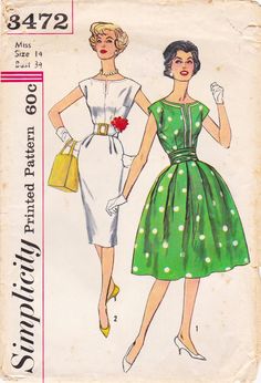 This vintage sewing pattern was designed in 1960 by Simplicity. It makes a dress with a keyhole neckline, cap sleeves, a choice of two skirts and a cummerbund. Size 14: Bust 34   ---   Waist 26   ---   Hip 36. It has been carefully used and is complete including instructions. The envelope is in poor condition and will arrive in an archival sleeve. To see more vintage dress patterns: https://www.etsy.com/shop/studioGpatterns?section_id=6940891 To visit my shop: https://www.etsy.com/shop/studioGpatterns Reset Girl, 1960 Style, Vintage Vogue Sewing Patterns, Skirts Vintage, 1960 Dress, Patron Vintage, 1960s Dress, Vintage Dress Patterns, 1960's Dress