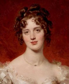 an oil painting of a woman wearing a white dress and pearls on her head, in front of a red background