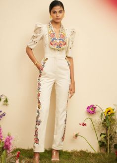 Editor's Note Featuring an ivory kala cotton embroidered, beadwork jumpsuit Color: Ivory Fabric: Kala cotton Component: Jumpsuit Occasion: Resort and daywear Care: Dry Clean Only   About the De... Celana Fashion, Trendy Outfits Indian, Ivory Fabric, Designer Jumpsuits, Indian Wedding Outfits, Fashion Inspiration Design, Designer Dresses Indian, Embroidery Fashion, Indian Designer Wear