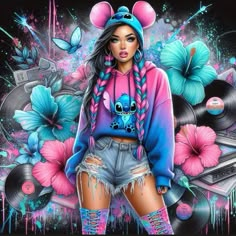 a painting of a girl with blue hair and pink hoodie standing in front of flowers