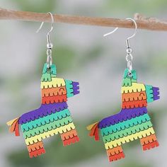 Cinco De Mayo Fun, Festive, Cute, Beautifully Painted Donkey Piata Earrings Made Of Lightweight Wood In Silvery Tone Multicolored. Perfect To Display In Your Cinco De Mayo Celebration! Only This One Pair Available! Shipping Promptly From A Clean Healthy Vapor Smoke And Pet Free Home Painted Donkey, Cinco De Mayo Celebration, Hook Earrings, Earrings Silver, Silver Earrings, Silver Tone, Jewelry Earrings, Women Jewelry, Pet