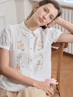 Emmy Floral Embroidery Button Front Shirt – Simple Retro Vintage Floral Blouse, Floral Type, Simple Retro, Style Steal, Heirloom Sewing, Simple Shirts, Women Blouses, Romantic Style, Button Front Shirt