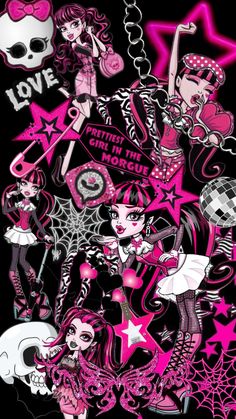 a bunch of cartoon characters that are all in pink and black colors on a black background