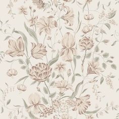 a floral wallpaper with pink flowers and green leaves on the bottom half of it