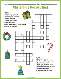 christmas crossword puzzle with presents and candy canes on the side, as well as an ornament