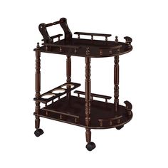 an antique wooden serving cart with wheels and two trays on each side, in dark wood