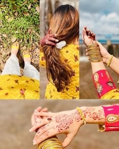 two women with henna tattoos on their arms and hands, one is holding the other's hand