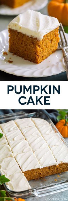 pumpkin cake with cream cheese frosting on top and an image of the cake in the background