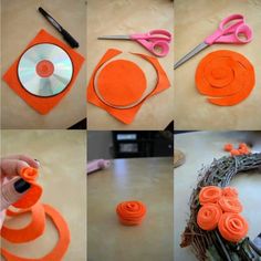 the process for making felt wreaths with scissors and tape is shown in multiple pictures