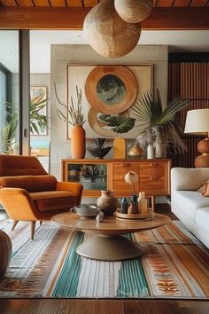 a living room filled with lots of furniture next to a wall covered in pictures and plants