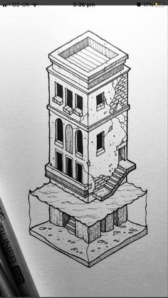 a drawing of a building with stairs going up and down it's sides in black ink