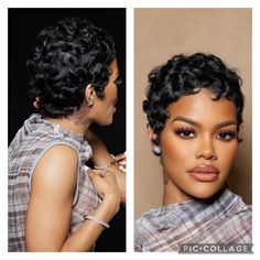 Pixie Hairstyles For Black Women Curly, Pin Curled Hair Black Women, Pixie Silk Press, Fantasia Hairstyles Black Women, Raven Elyse Short Hair, Pixie Haircut With Bangs For Black Women, Outfits With Short Hair Black Women, Black Girls Pixie Cut, Curly Pixie Black Women