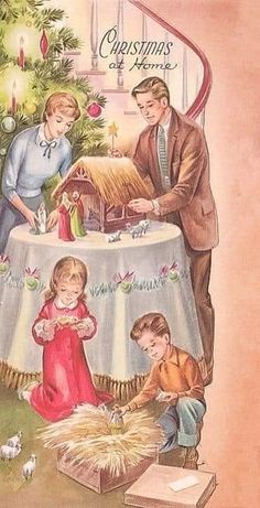 an old fashioned christmas card with two children and a nativity scene on the table