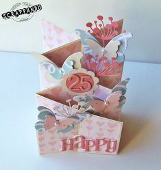 a close up of a greeting card with flowers and butterflies on the inside of it