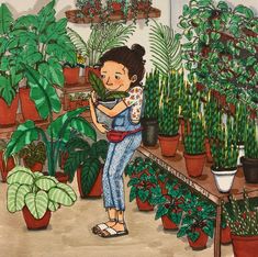 a painting of a woman holding a potted plant in front of some houseplants