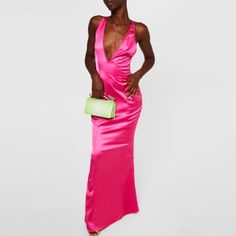 Missguided Plunge Neck Satin Fishtail Maxi Dress In Pink/ Fuchsia. Nwt. Uk Size 8/ Us Xs. Pink Halter Neck Maxi Dress For Date Night, Pink Satin Halter Neck Maxi Dress, Pink V-neck Maxi Dress For Cocktail, Evening Pink Halter Neck Maxi Dress, Pink Halter Neck Maxi Dress For Party, Pink V-neck Maxi Cocktail Dress, Glamorous Pink Backless Maxi Dress, Pink Satin Backless Maxi Dress, Pink Satin Maxi Dress For Date Night